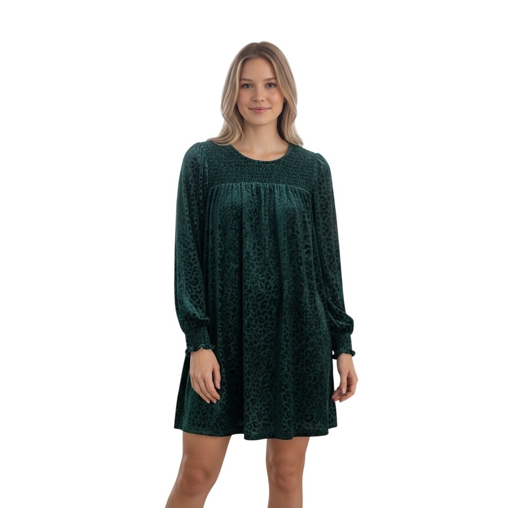 Umgee Green Crushed Velvet Leopard Print Mini Dress Long Smocked Sleeve Size S